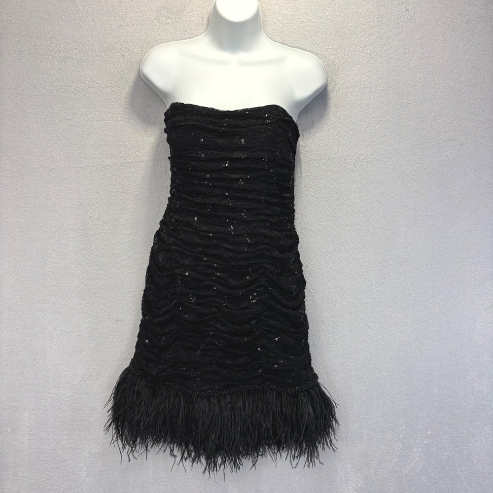 JS Collections Feather Fringe Cocktail Dress Womens 12 Black Strapless Sequin
